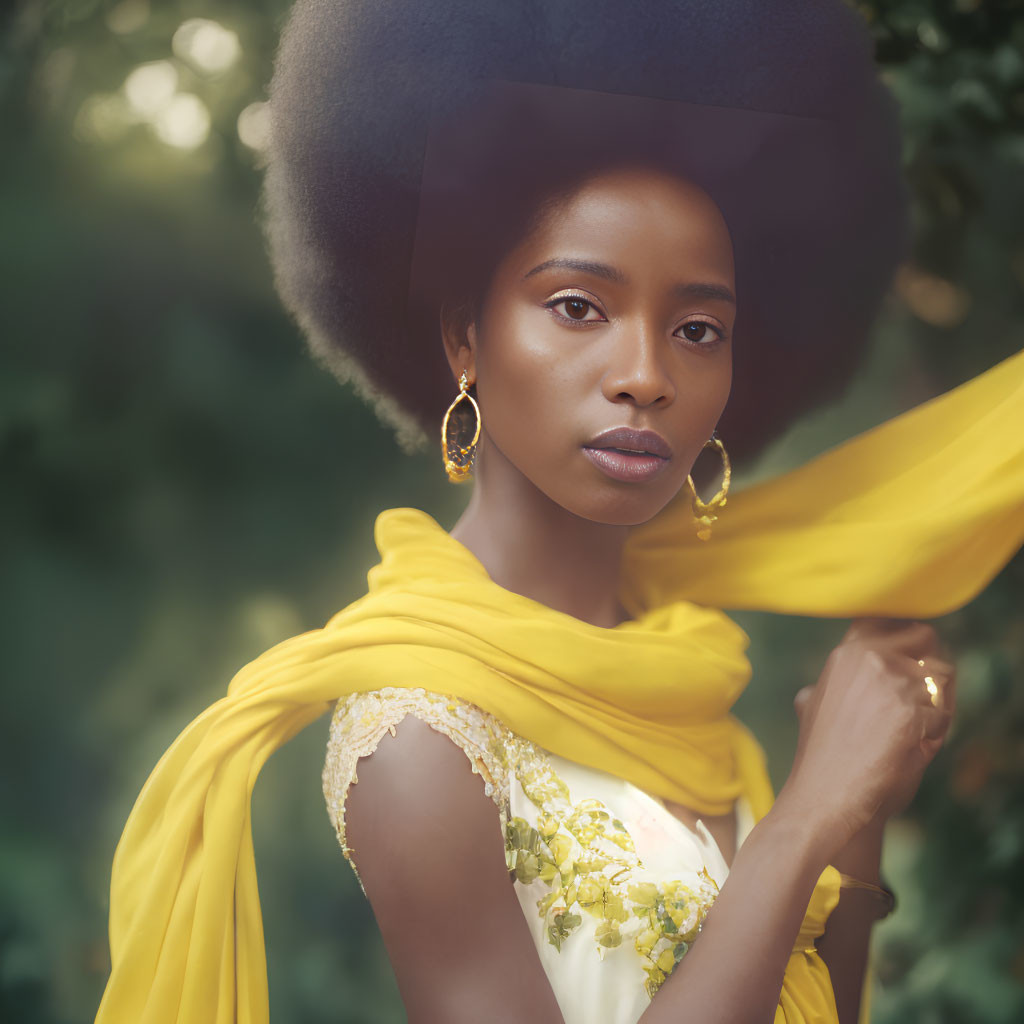 Woman with Afro in Yellow Scarf and Earrings on Green Background