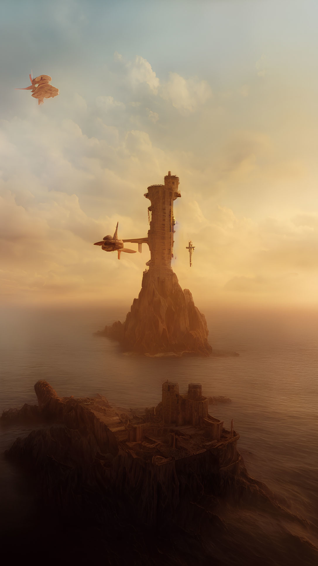 Isolated lighthouse on craggy islet at sunset with vintage planes