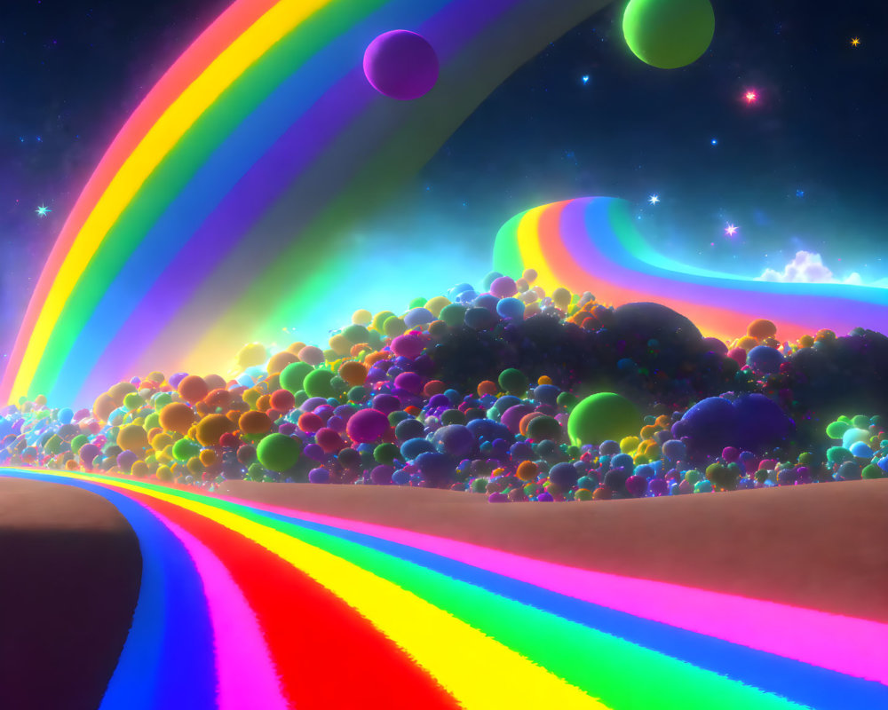 Colorful Fantasy Landscape with Rainbow Road and Cosmic Sky