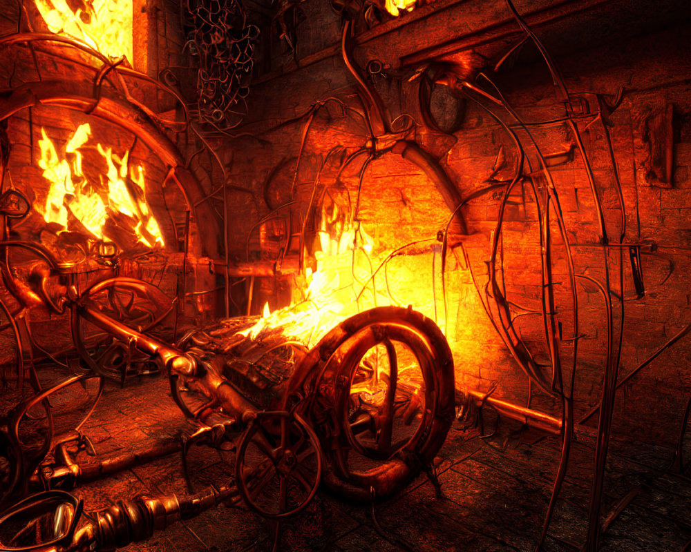 Forge interior with fiery glow, metalwork tools, and iron chain patterns.