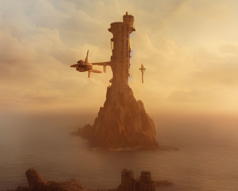 Isolated lighthouse on craggy islet at sunset with vintage planes