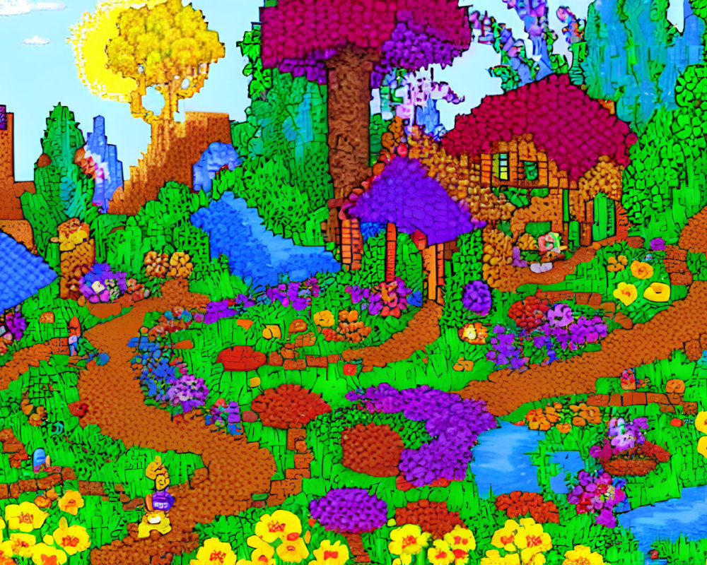 Colorful Landscape with Whimsical Houses, Lush Trees, River, and Flowers