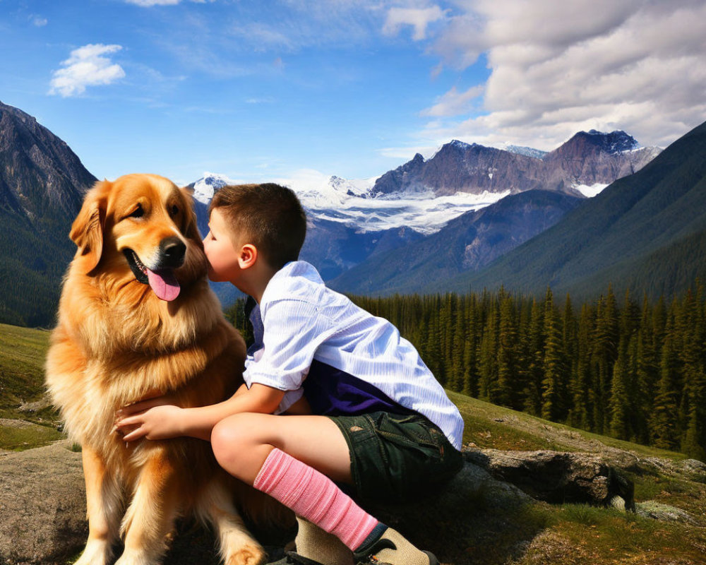 Child kissing golden retriever on alpine mountainside.