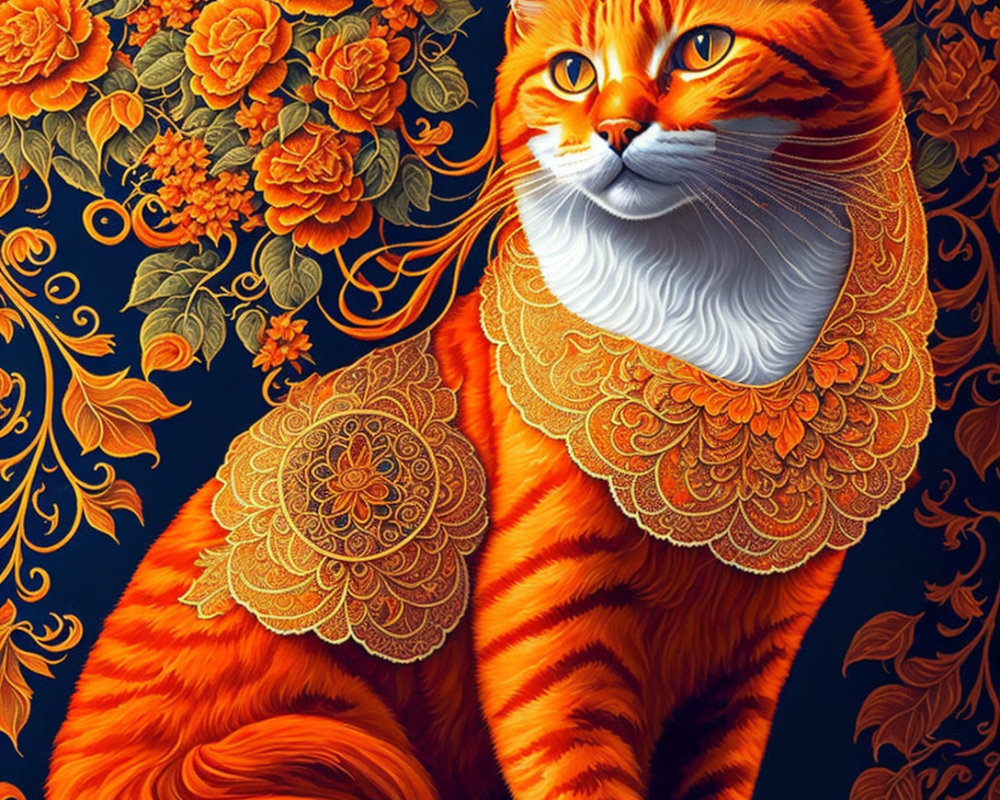 Detailed illustration of an orange tabby cat with white lace patterns on its chest against a dark blue backdrop