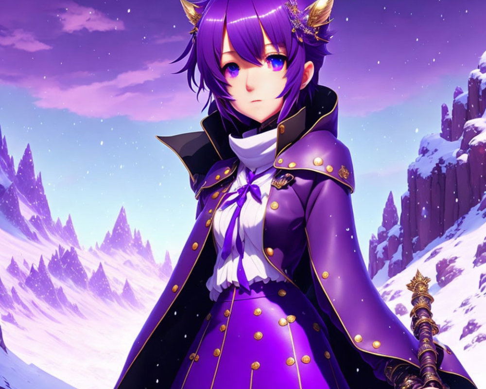 Purple-haired female anime character with staff in snowy mountain scene