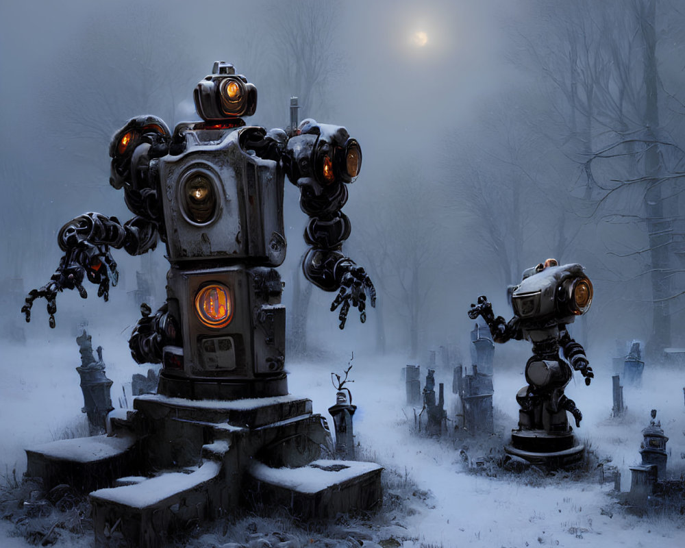 Robots in Moonlit Forest Clearing with Smaller Figures and Gravestones