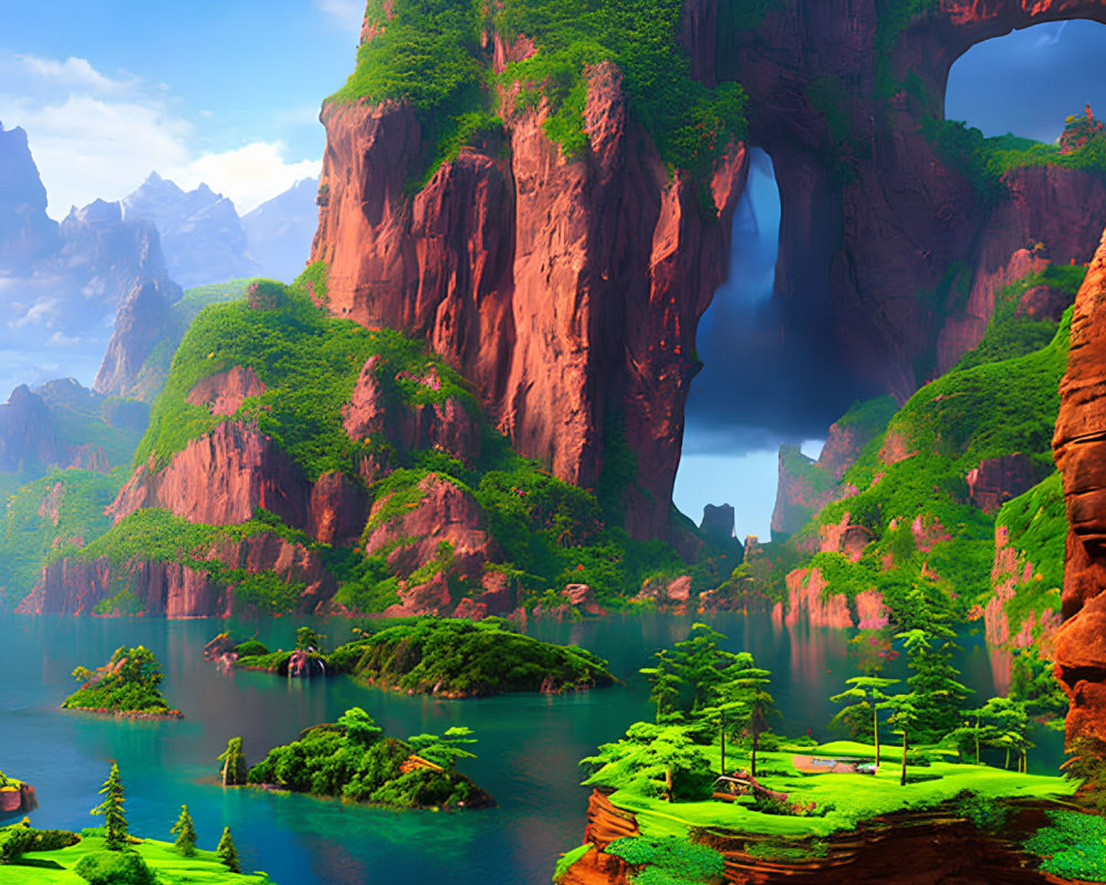 Fantasy landscape with red cliffs, waterfalls, greenery, and blue waters