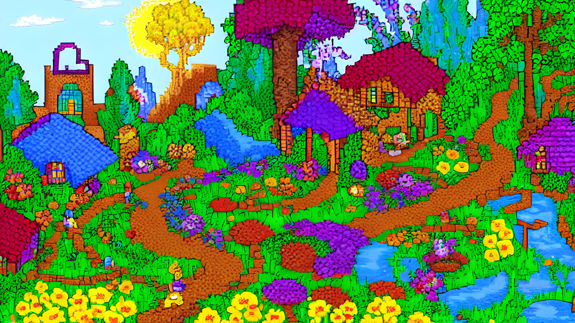 Colorful Landscape with Whimsical Houses, Lush Trees, River, and Flowers