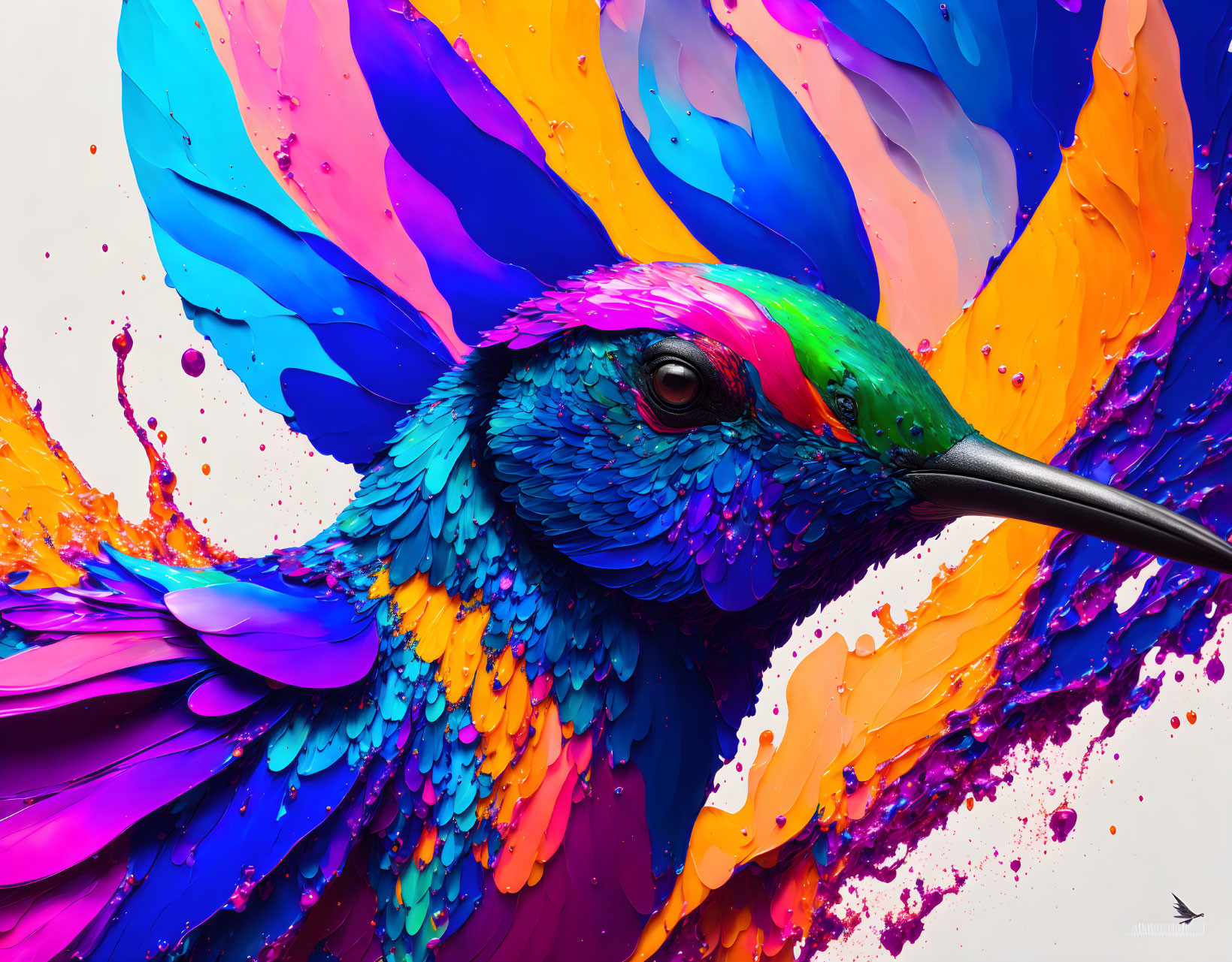 Colorful Hummingbird Artwork with Paint Splatter Feathers