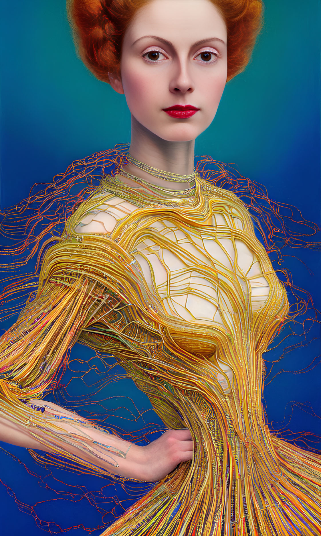 Red-haired woman in wire garment against blue background