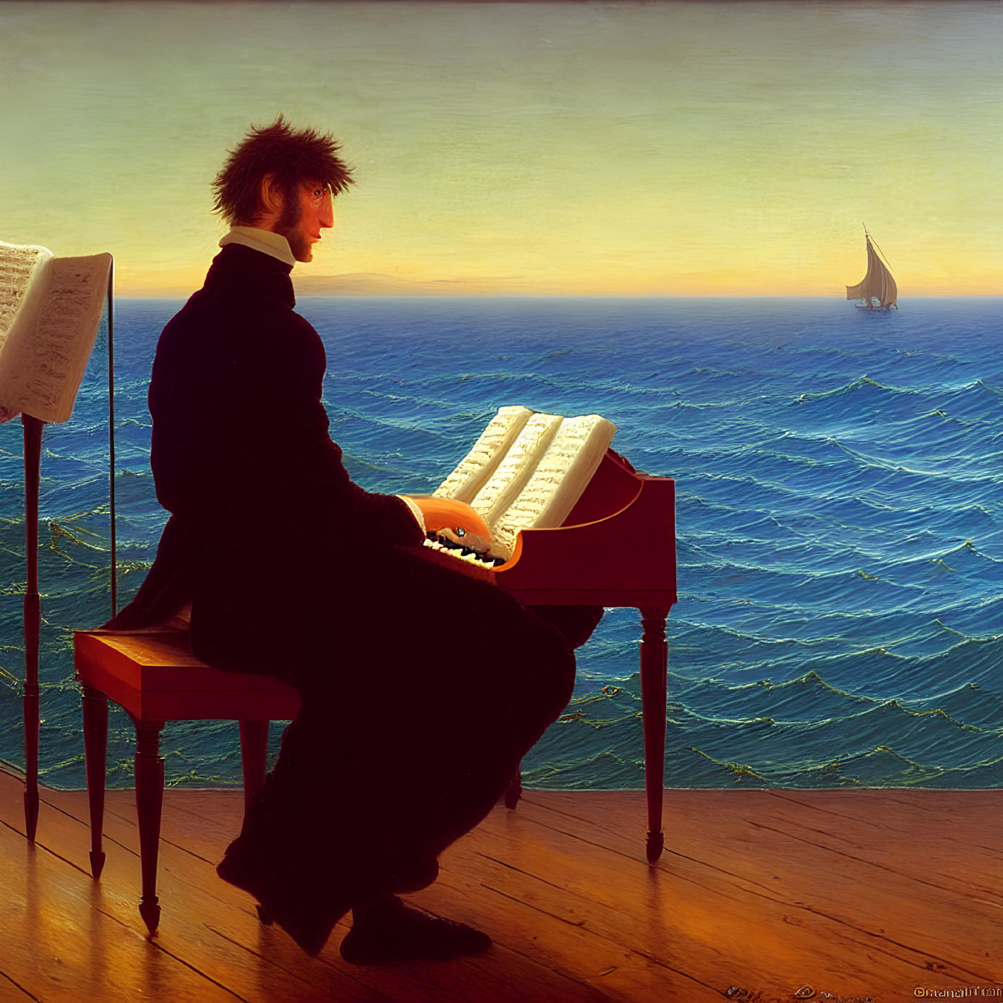 Piano player on wooden floor by sea at sunset with sailboat