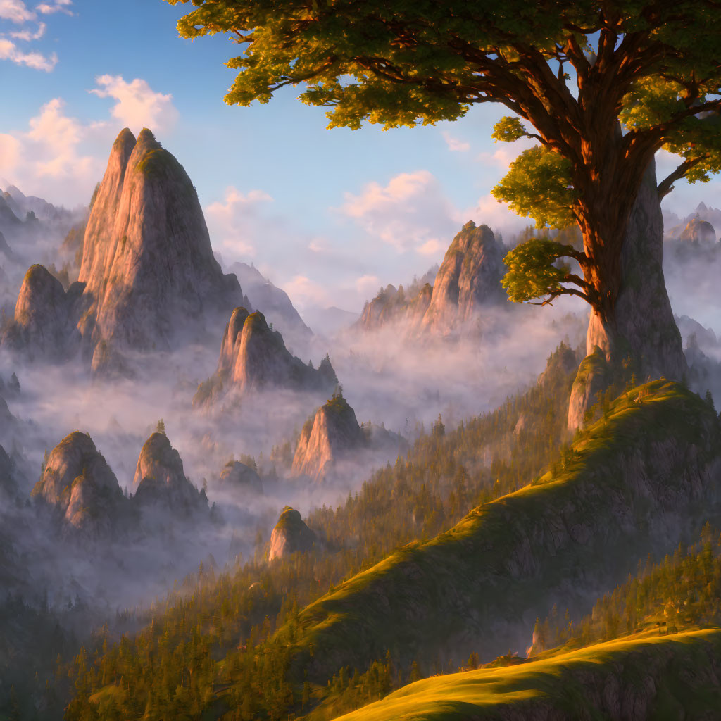 Majestic tree on hill overlooking misty mountain peaks at sunrise or sunset