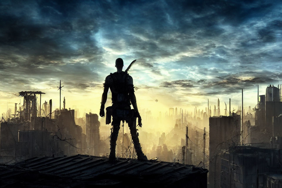 Figure overlooking dystopian cityscape at dawn or dusk.