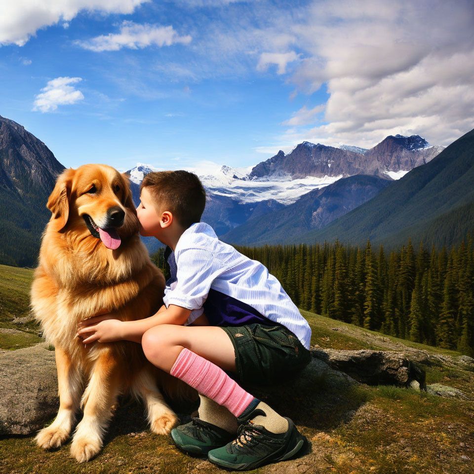 Child kissing golden retriever on alpine mountainside.