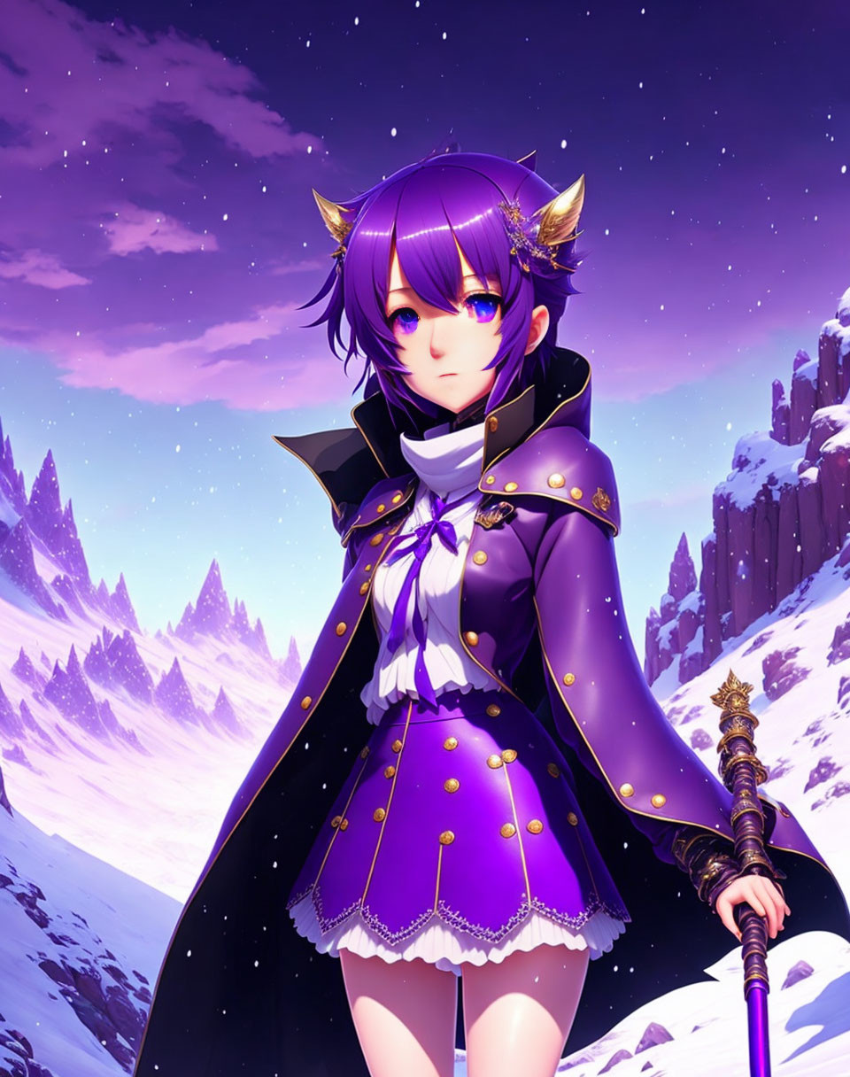 Purple-haired female anime character with staff in snowy mountain scene