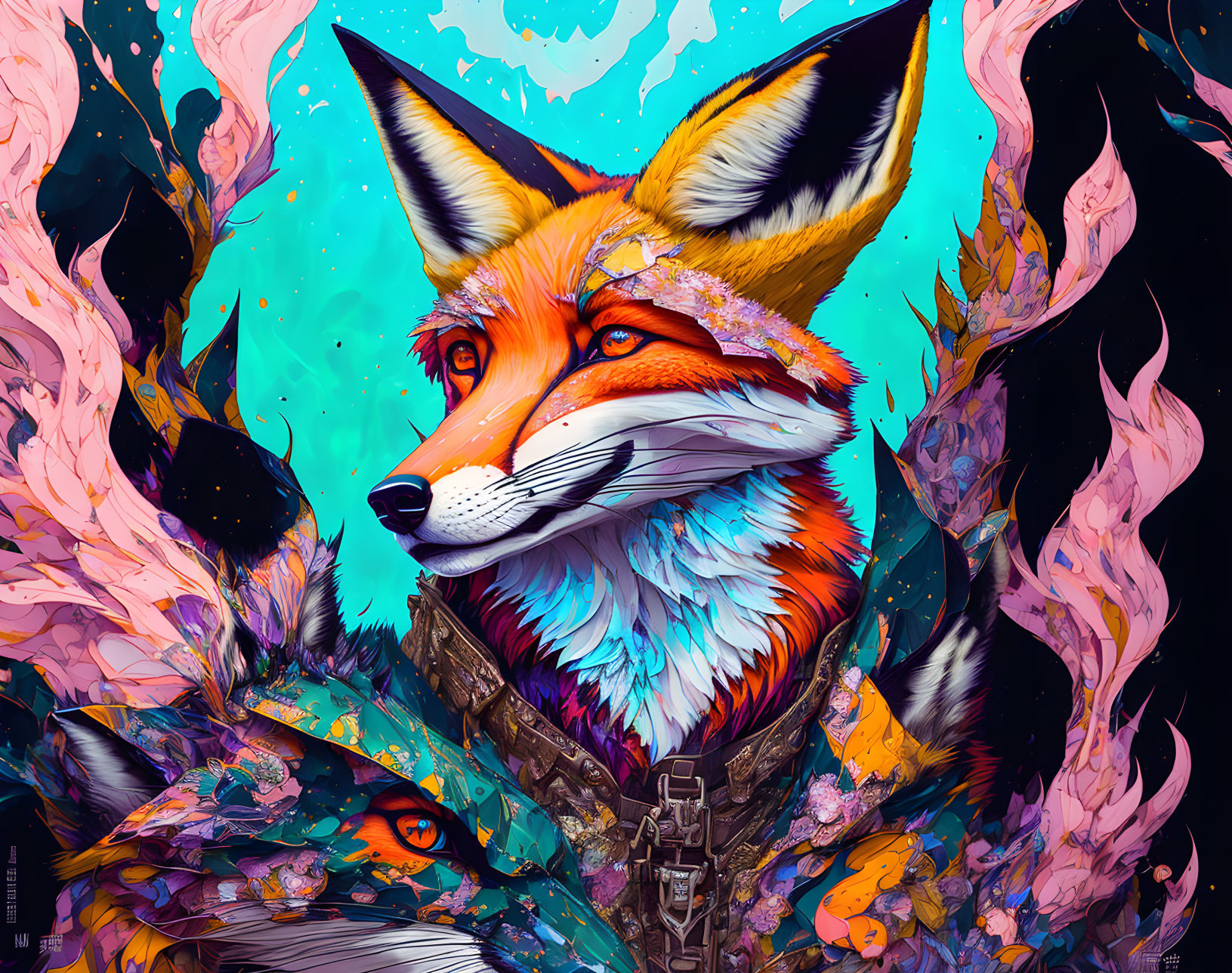 Detailed Fox Illustration with Vibrant Fur Patterns and Stylized Flames