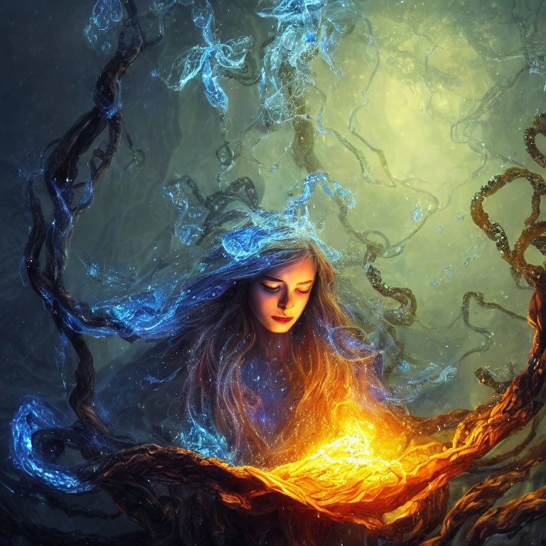 Mystical female figure with luminous elemental forces and fiery orb