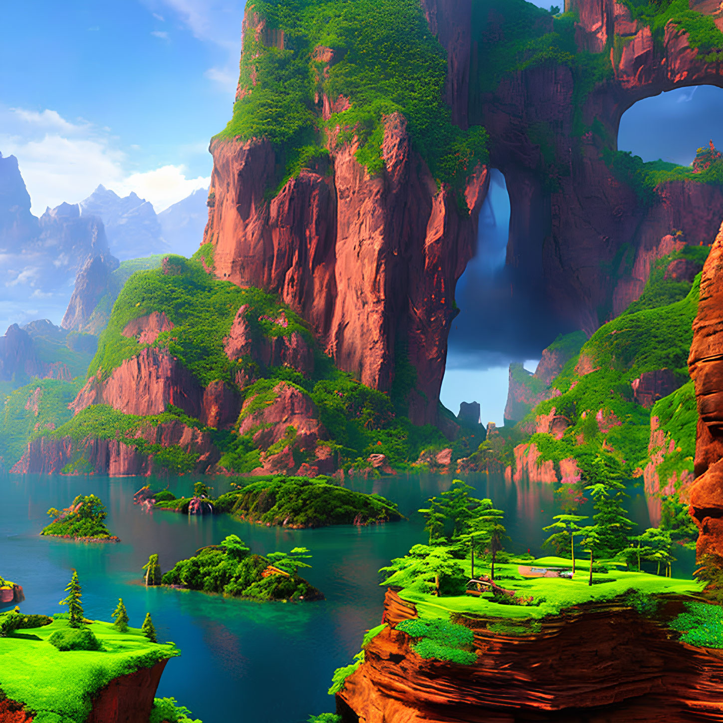 Fantasy landscape with red cliffs, waterfalls, greenery, and blue waters