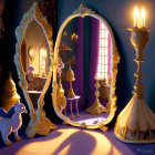 Golden-framed mirror reflecting opulent room with purple drapes and unicorn figure