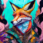 Detailed Fox Illustration with Vibrant Fur Patterns and Stylized Flames