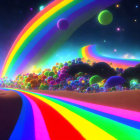 Colorful Fantasy Landscape with Rainbow Road and Cosmic Sky