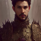 Elaborate antler-like crown on regal man in golden armor