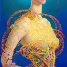 Red-haired woman in wire garment against blue background