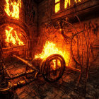 Forge interior with fiery glow, metalwork tools, and iron chain patterns.