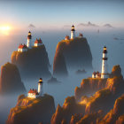 Lighthouses on steep cliffs in misty sunrise seascape