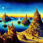 Fantasy landscape with floating islands, castles, airships, sunset sky, and moons