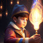 Vintage-dressed boy with magical lantern in mystical setting