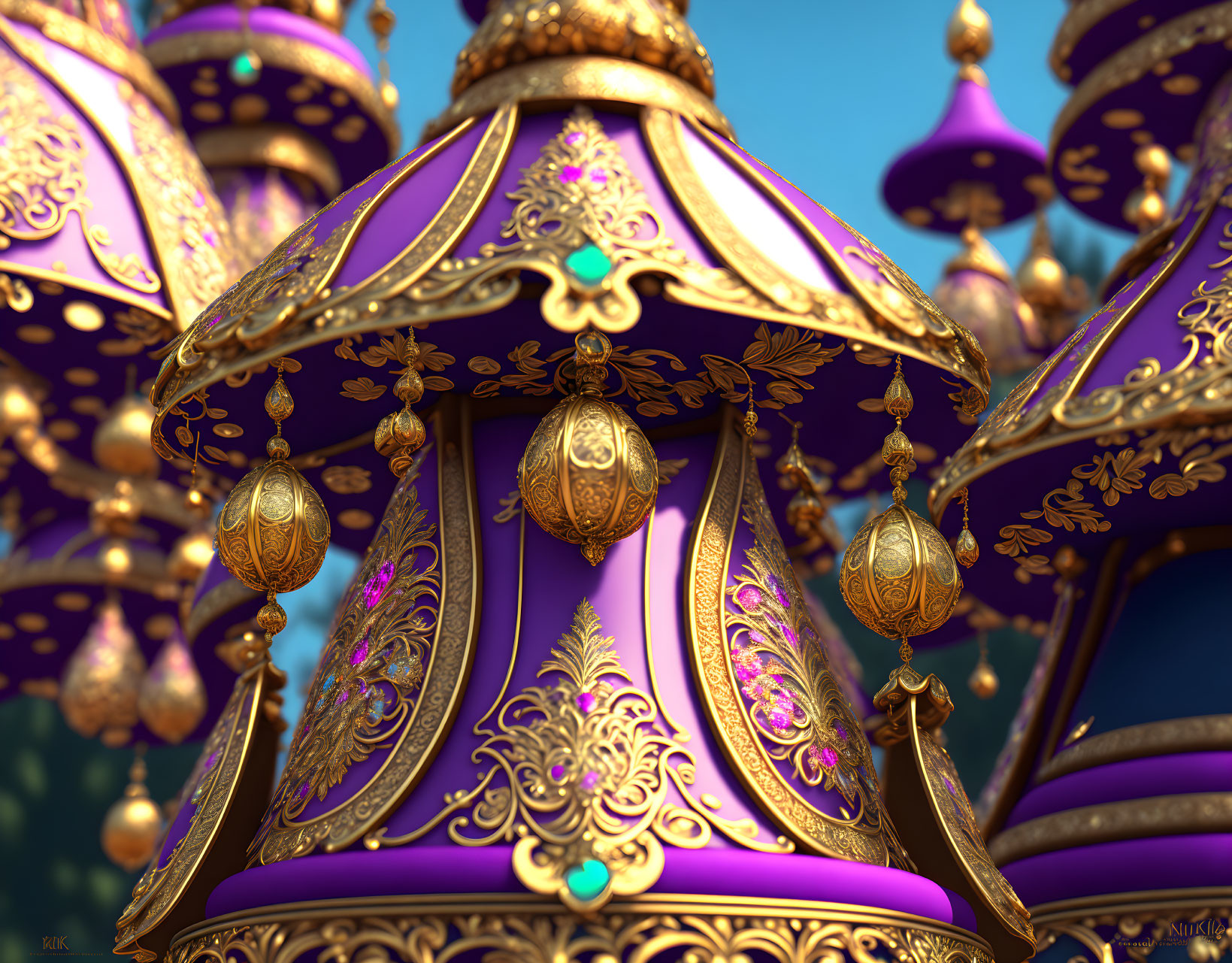 Purple and Gold Ornate Lanterns with Hanging Ornaments on Blurred Background