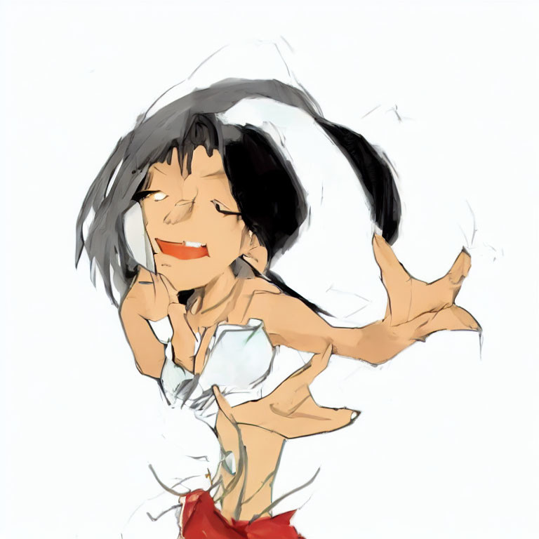 Animated character with black hair, white top, red shorts, laughing with arms flailing