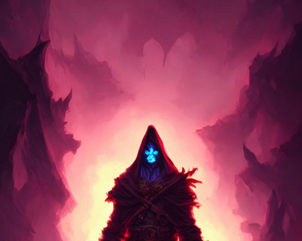 Cloaked figure with glowing blue face holding a sword before ominous backdrop