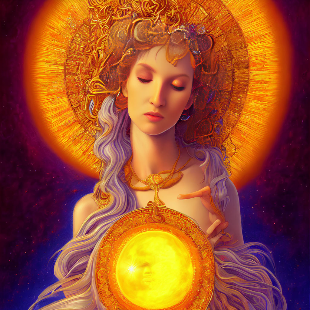 Ethereal woman with halo and sun pendant in cosmic setting