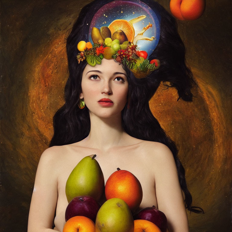 Woman wearing cornucopia headpiece with fruits and space elements on dark background surrounded by fresh fruits