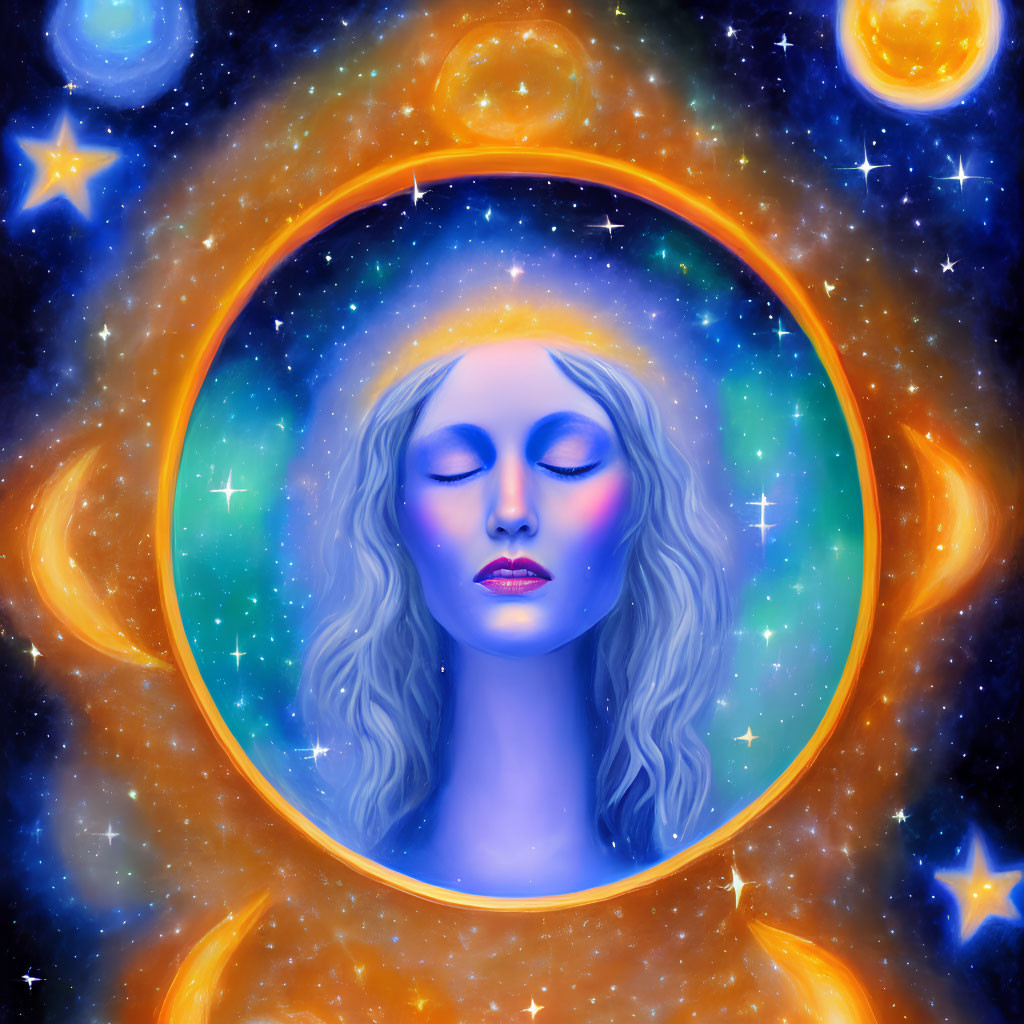 Surreal illustration of woman's serene face with orange halo in cosmic setting