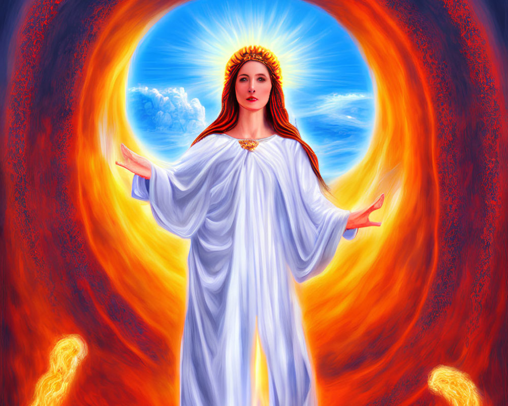 Serene figure in white robe before fiery vortex and blue skies