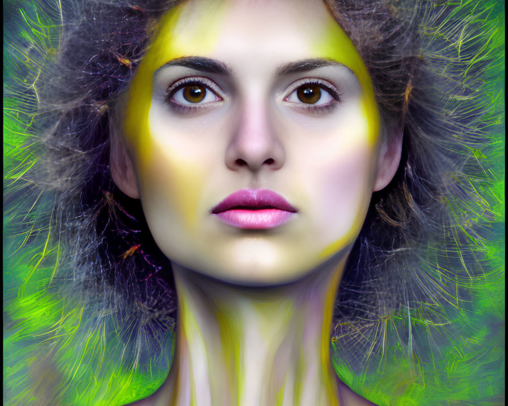 Colorful portrait with yellow and green hues and dandelion textures.