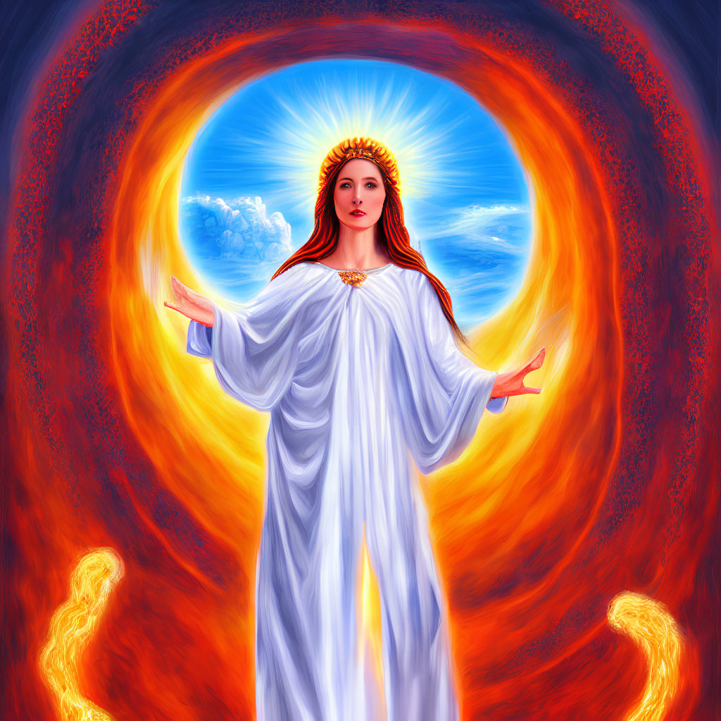 Serene figure in white robe before fiery vortex and blue skies