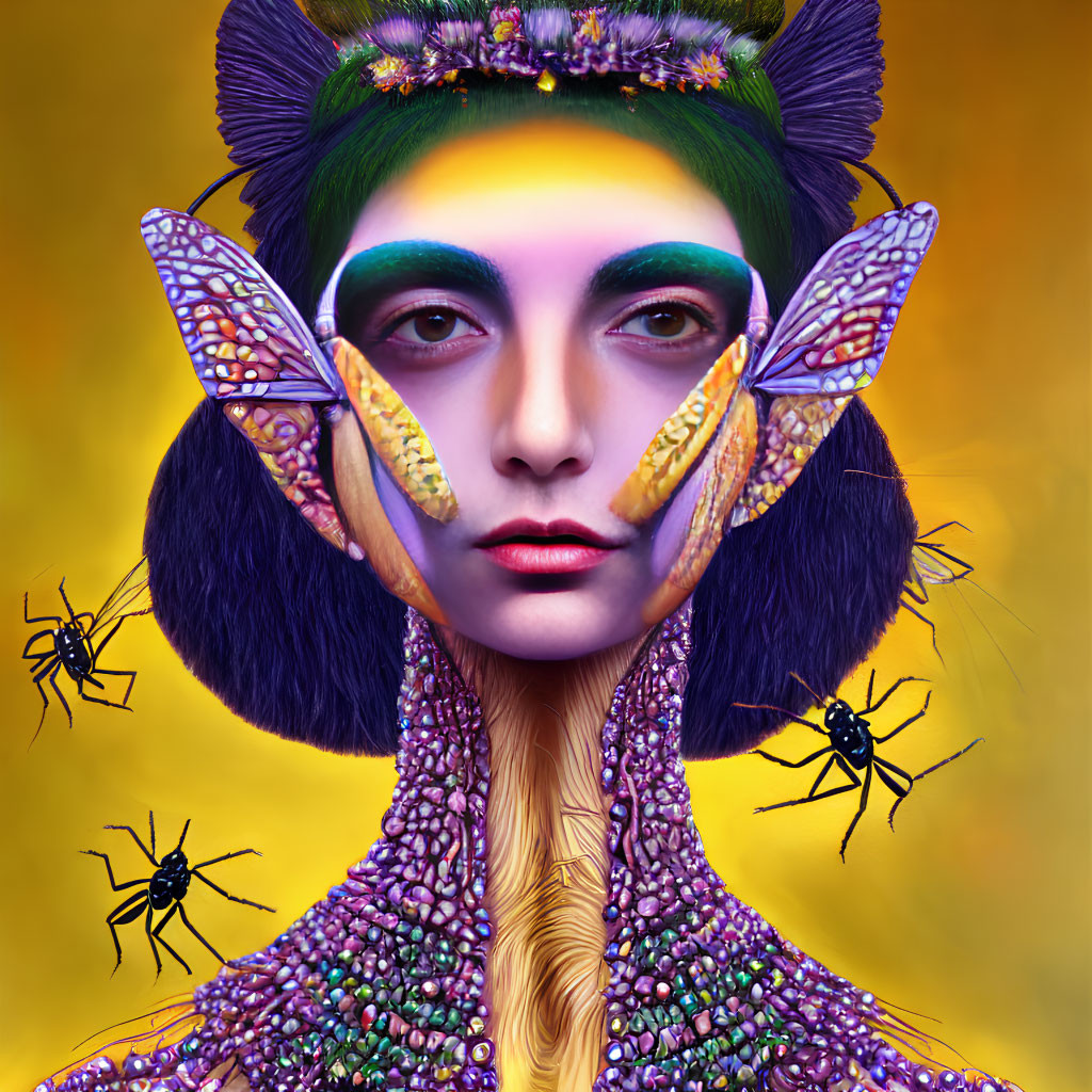 Person with Butterfly Wings and Spiders in Surreal Portrait