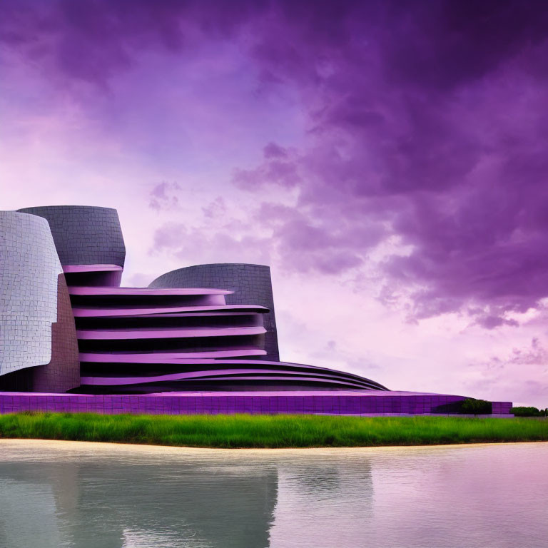 Curved architectural building under purple sky with water reflection