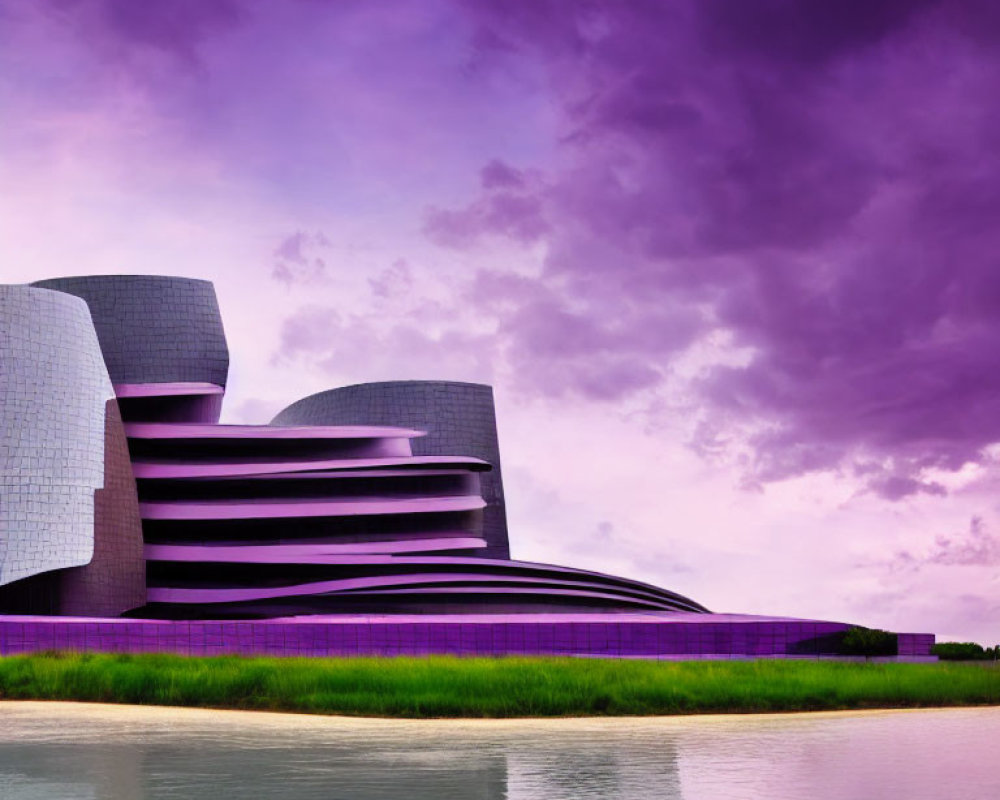 Curved architectural building under purple sky with water reflection