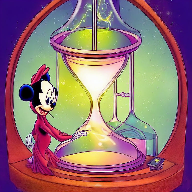 Mickey Mouse in wizard attire with magical hourglass in enchanted setting