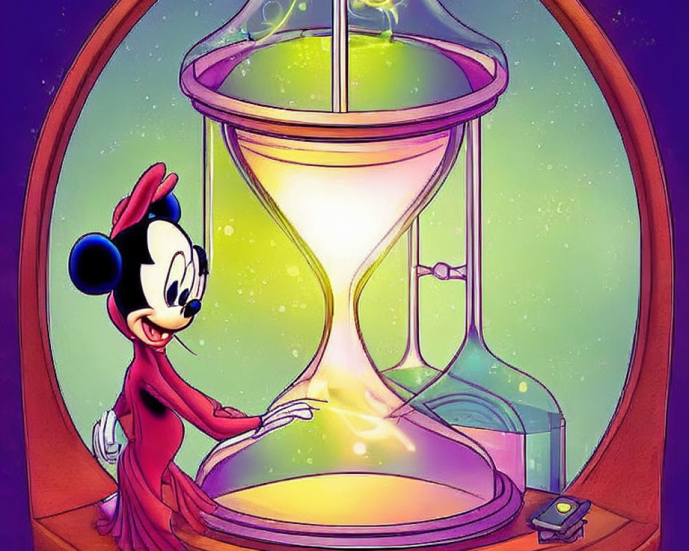 Mickey Mouse in wizard attire with magical hourglass in enchanted setting