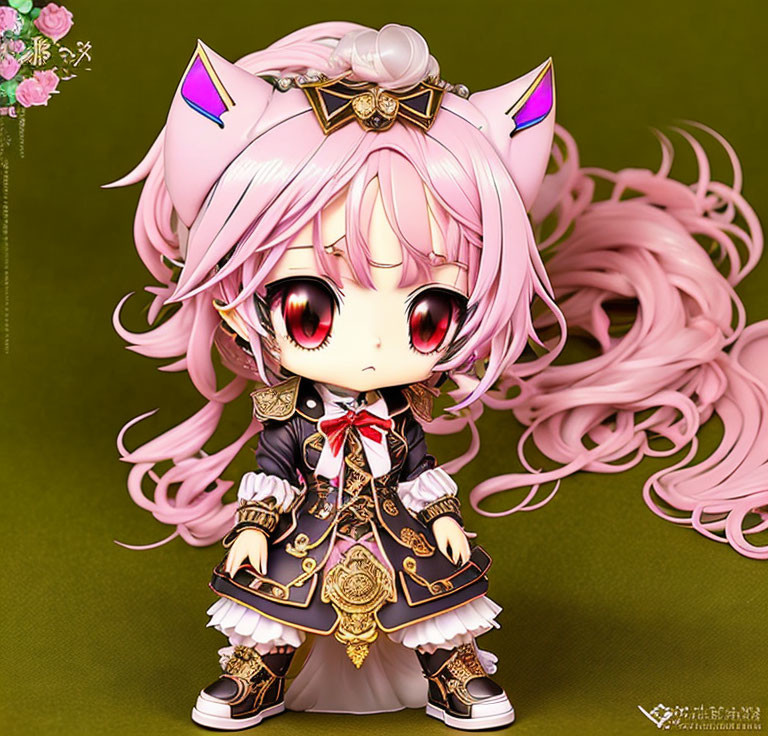 Pink-haired chibi character in black and gold outfit with cat ears