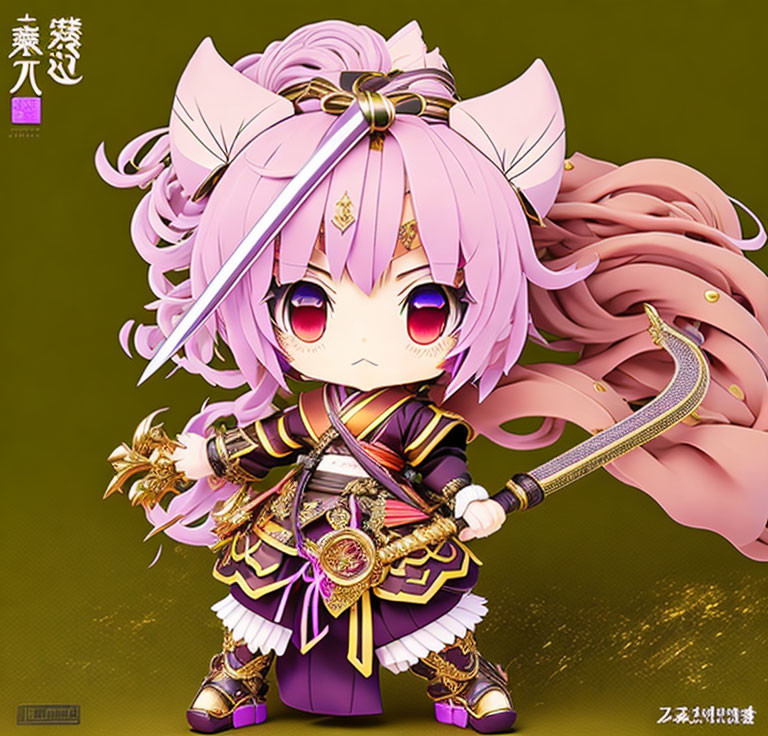 Pink-haired chibi anime character in warrior attire with staff on soft background