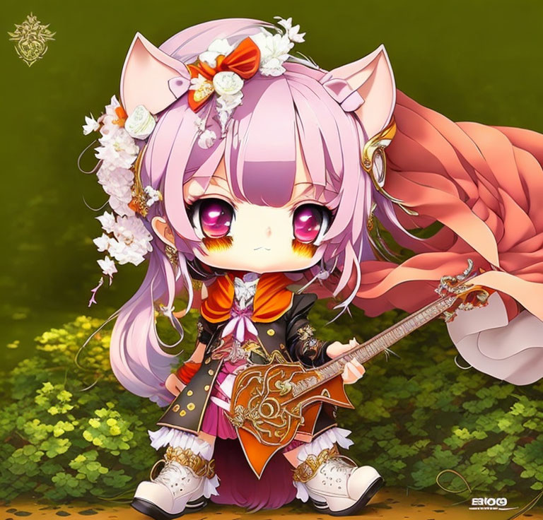 Pink-haired chibi character with fox features and medieval outfit holding a lute