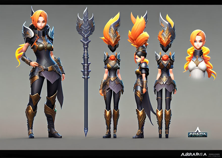 Female warrior character with orange hair, ornate armor, gold accents, and flame motif spear.