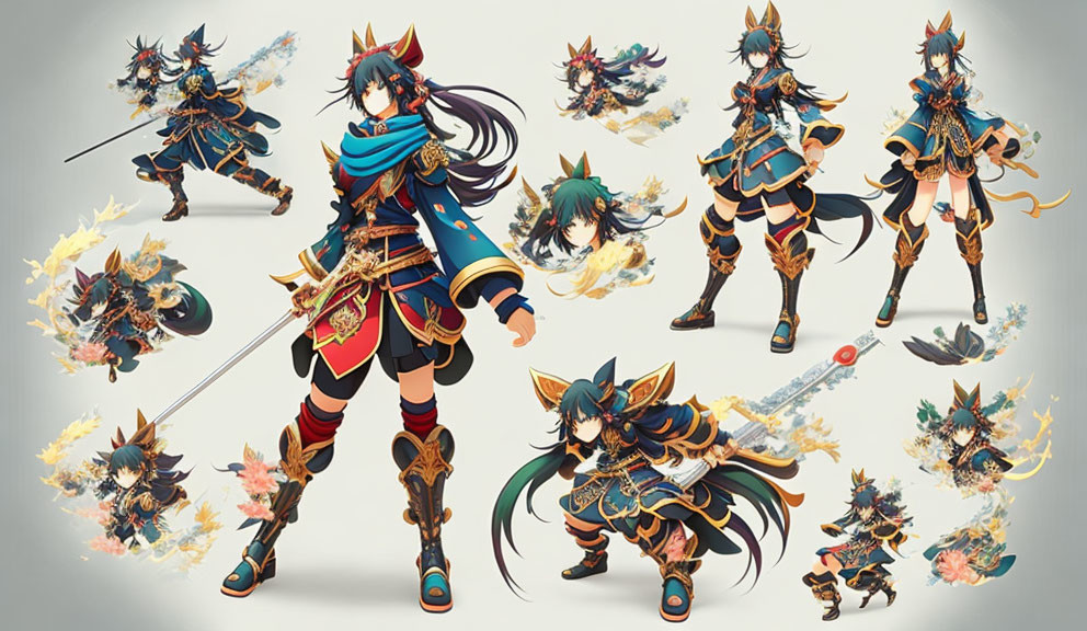 Vibrant Anime Style Character Collage with Dynamic Poses & Fantasy Armor